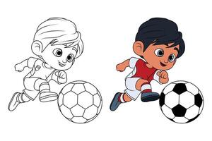 Coloring page outline of cartoon boy with a soccer ball vector