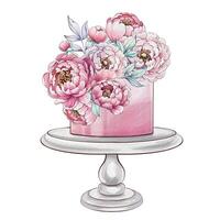 A charming cake showcases a bouquet of pink peonies elegantly arranged atop its surface, capturing a moment of sweet celebration. vector