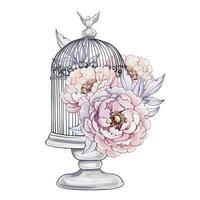 An ornate birdcage stands elegantly, adorned with vibrant peonies in soft pastels, creating a charming and serene atmosphere. vector