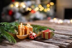 christmas greeting card, Advent Candles on light rustic wood, Xmas backdrop with copy space, banner, header, panorama photo