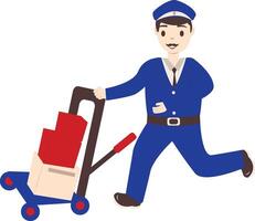 Postman Character Sending Box Using Trolley vector