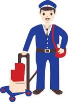 Postman Character Sending Box Using Trolley vector