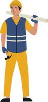 Man Construction Worker Carrying Small Hammer and Wooden Beam vector