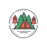 Camp Camping Adventure in Forest with Pine Trees in Color Filled Circle Line Art Logo Design vector