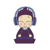 Cheerful Cute Gamer Boy Kid Character Wearing Headset Enjoying Playing Game with Laptop While Smiling vector