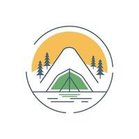 Camp Camping Explore in Forest with Mountain View in Color Filled Circle Line Art Logo Design vector
