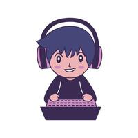 Cheerful Cute Gamer Boy Kid Cartoon Character Wearing Headset Enjoying Playing Game with Laptop While Smiling vector