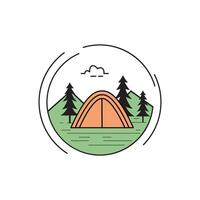 Camp Camping Travel in Forest with Mountain View in Color Filled Circle Line Art Logo Design vector