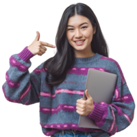 Smiling Young Woman in a Purple and Grey Sweater Holding a Laptop, Pointing at Herself with a Happy Expression isolated on transparent background png