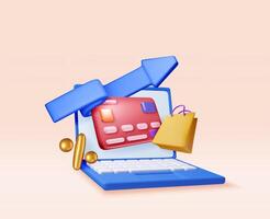 3D bank card with precent, arrow and shopping bag in laptop. Render cashback or return money in shopping. Payment with money back vector