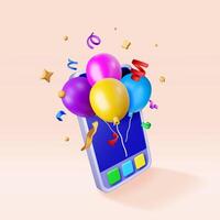 3D smartphone with bunch of balloons flying out of screen. Render phone with helium balloons in confetti. vector