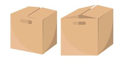 Front and side view realistic illustrations of cardboard boxes for delivery, designed as decent craft packages. vector