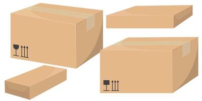 Realistic and detailed illustrations of cardboard delivery boxes, with front and side views of craft-style packaging. vector