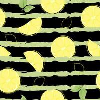 Seamless pattern with hand drawn lemon slice on striped background. Fresh organic fruit, healthy, vegan, raw food. vector