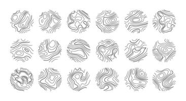 Circular wood rings or topographic map lines texture set. Wood tree topographic abstract lines collection vector