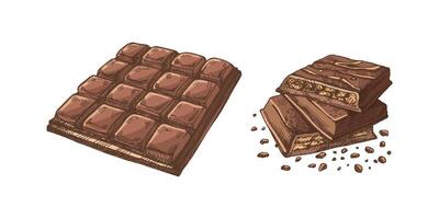 Hand-drawn chocolate bar colored illustrations in vintage sketch style vector