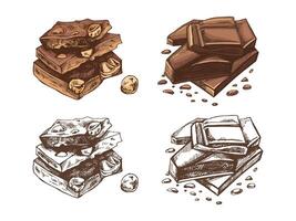 Hand-drawn chocolate stack colored and monochrome illustrations in rustic vintage artistic style vector