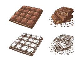 Hand-drawn chocolate bar colored and monochrome illustrations in vintage sketch style vector