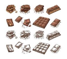 Hand-drawn colored chocolate illustrations set featuring bars and chunks vector