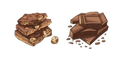 Hand-drawn chocolate stack colored illustrations in rustic vintage artistic style vector