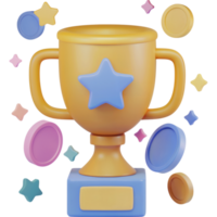 Trophy with a star on top and a bunch of coins around it png