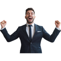 Man in a suit and tie is smiling and raising his arms in the air png