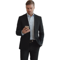 Man in a suit is looking at his phone png
