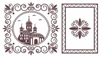 A set of decorative frames with a church and a tower vector