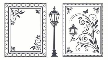 two decorative frames with a lamp and flowers vector