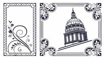Illustration of a building with a decorative frame and a decorative border vector