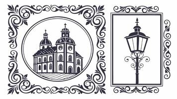 Vintage frame with church and lamp illustration vector