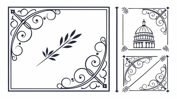 A set of decorative frames and a building vector