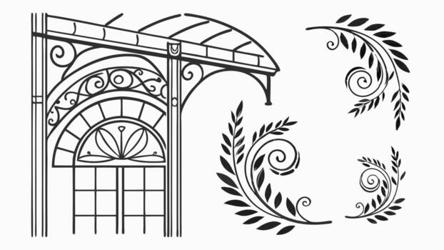 A drawing of a window with ornamental design vector
