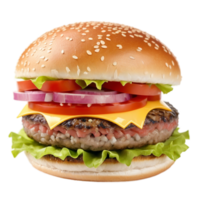 Delicious Cheeseburger with Fresh Vegetables and Sesame Seed Bun on Transparent Background png