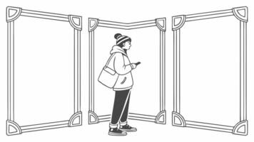 A woman standing in front of a frame with a phone vector