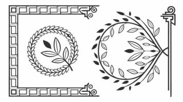A set of decorative elements, including a wreath, a laurel wreath, and a vector