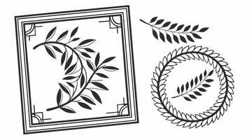 A black and white drawing of leaves and a frame vector