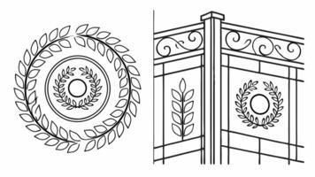 a drawing of a decorative fence and a wreath vector