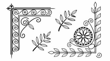 a set of decorative elements, including a corner, a leaf, and a flower vector