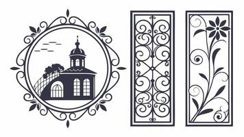 A set of decorative elements, including a church and a tower vector