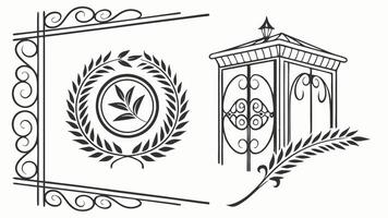 A black and white drawing of a gate and a wreath vector