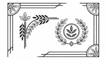 A set of four decorative elements, including a wreath, a leaf, and a vine vector