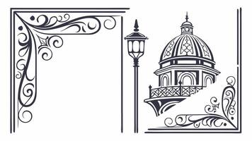 A black and white drawing of a church and a lamp post vector