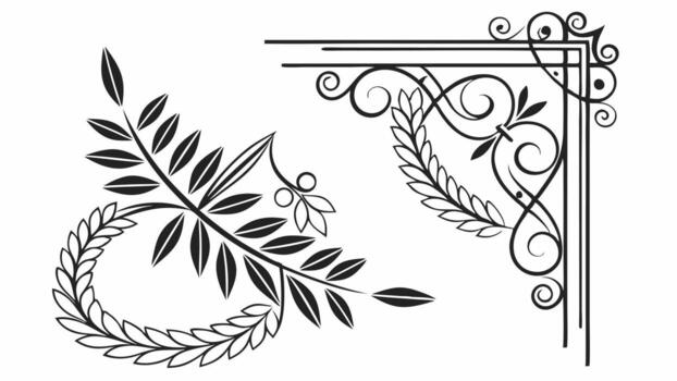 A set of decorative elements, including a leaf and a wreath vector