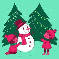 Two children are playing with a snowman in the snow vector