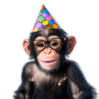 Monkey wearing a party hat and glasses is smiling png