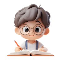 Cartoon boy is sitting at a desk with a book open in front of him png