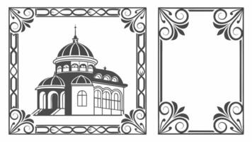 two black and white frames with a church and a tower vector