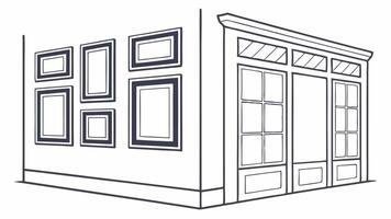 A drawing of a building with a window and a door vector