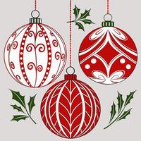 Three red and white christmas balls hanging from a string vector